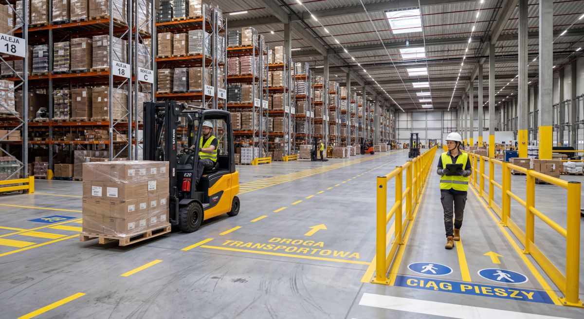 Droga transportowa w nowoczesnym magazynie z wyznaczonym ciągiem pieszym, wózkiem widłowym i strefami składowania