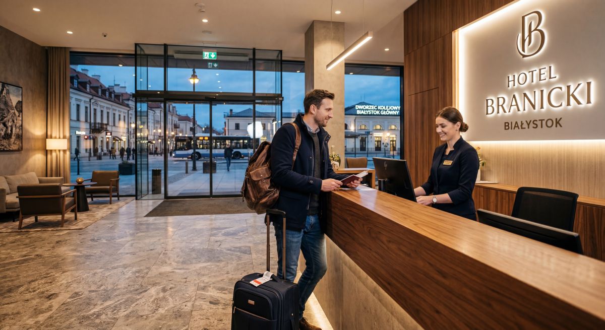 Gość melduje się w hotelu blisko dworca PKP w Białymstoku, wybierając wygodny nocleg na Podlasiu
