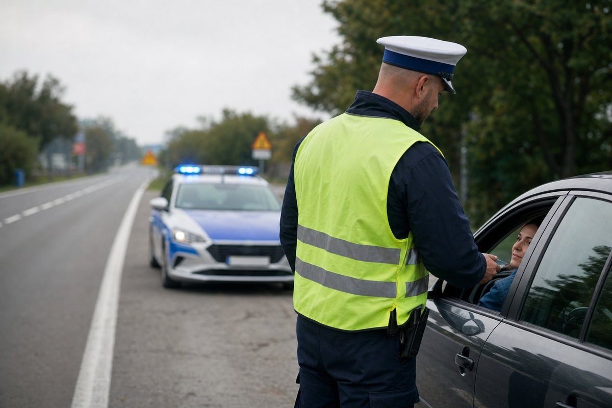 Policjant podczas kontroli drogowej rozmawia z kierowcą zatrzymanego samochodu.