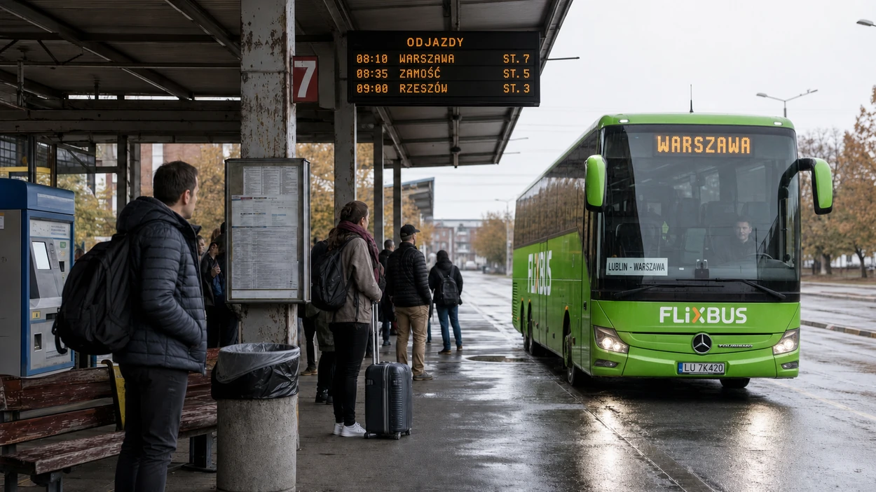 Podróżni z bagażami oczekują przy stanowisku 7, na które podjeżdża Mercedes-Benz Tourismo FlixBus do Warszawy.