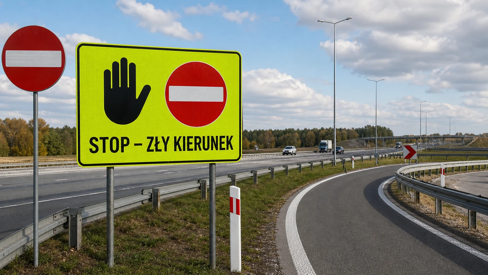 Żółtozielona tablica „STOP – Zły kierunek” przy łącznicy drogi ekspresowej, w tle przejeżdżające auta.