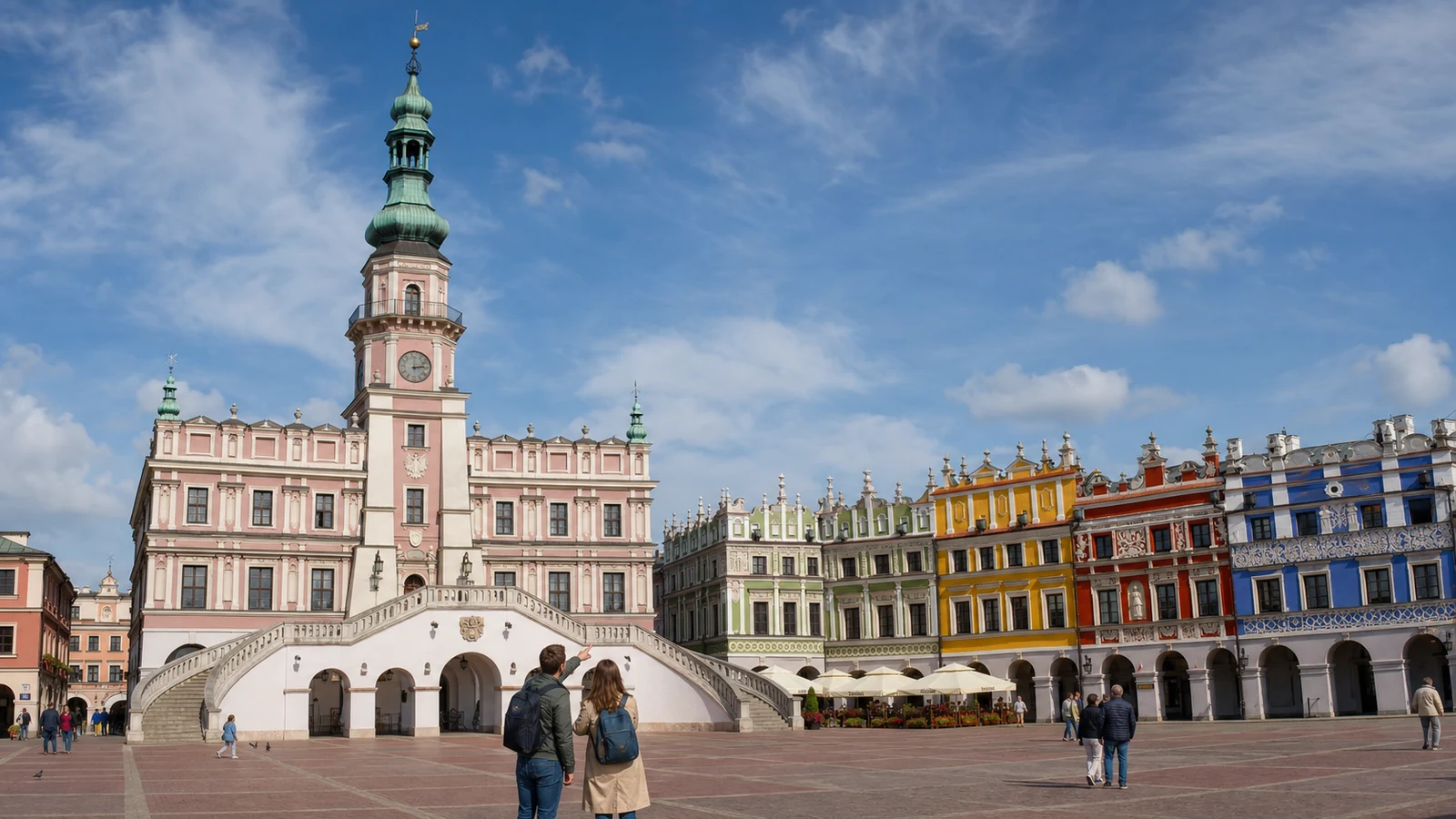 Turyści pod arkadami kamienic ormiańskich na Rynku Wielkim w Zamościu, w tle wieża ratusza.