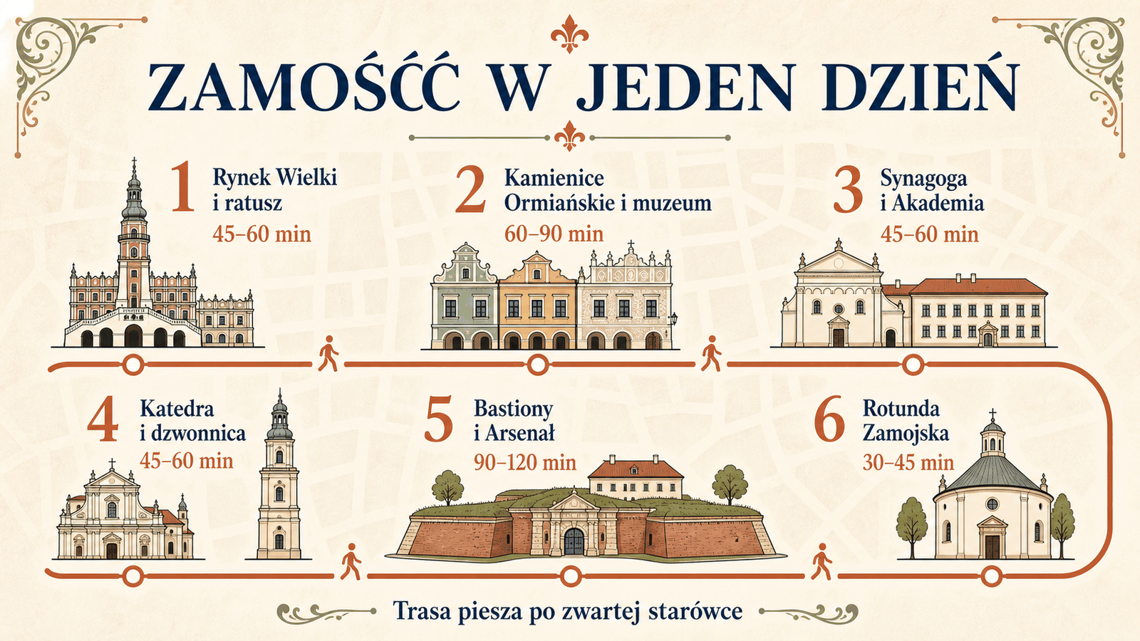 Infografika Zamość w jeden dzień: sześć przystanków od Rynku Wielkiego i ratusza do Rotundy Zamojskiej.