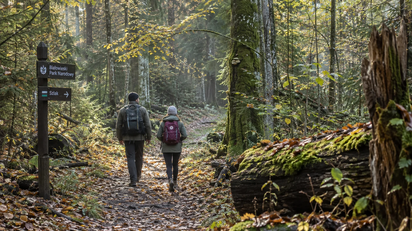 Jesienny szlak w Puszczy Białowieskiej z turystami idącymi wśród starych drzew.