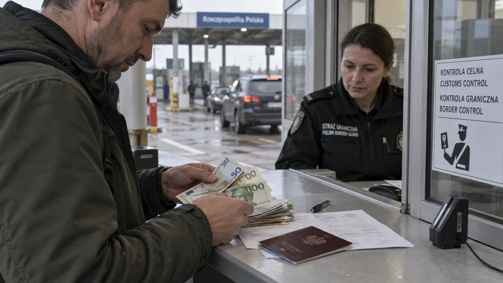Podróżny porządkuje banknoty i dokumenty przy stanowisku odprawy na przejściu granicznym.