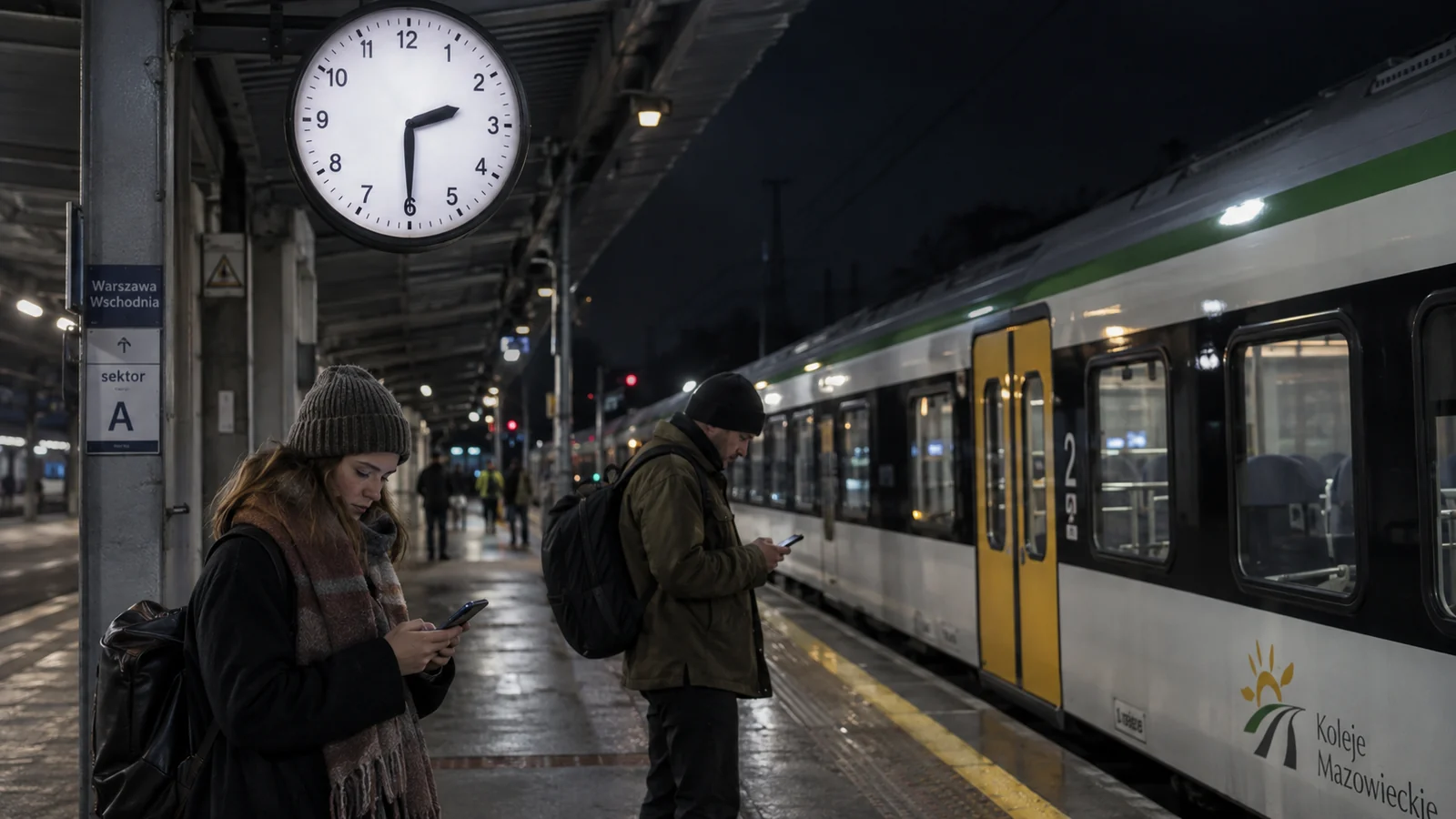 Podróżni sprawdzają rozkład na nocnym peronie podczas jesiennej zmiany czasu.
